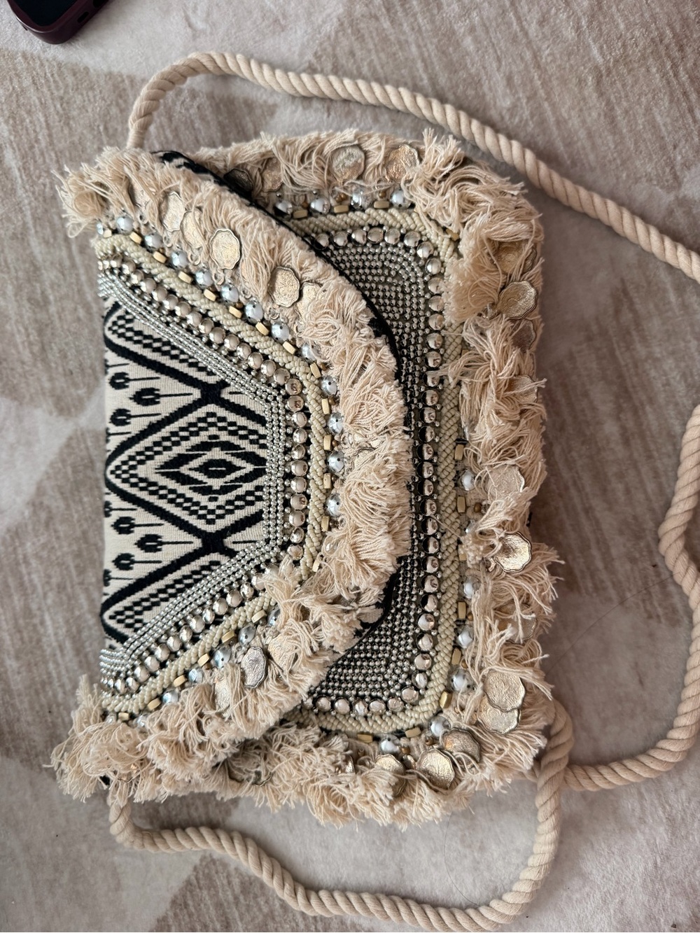 Boho Fringe Embellished Crossbody Bag in Beige & Black